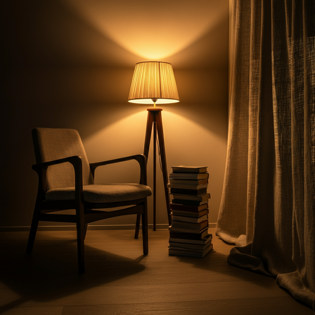 A comfortable reading nook with a cozy armchair, a floor lamp, and a stack of books. Golden hour lighting fills the room, creating a warm and inviting atmosphere.