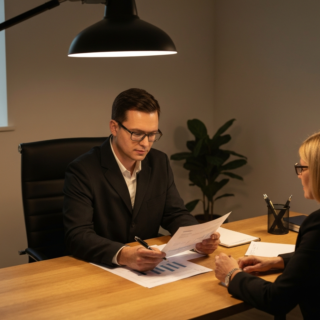 An accountant with glasses, sitting at a clean oak desk, reviewing financial documents with a small business owner. Soft overhead lighting, warm tones, and a plant in the background.