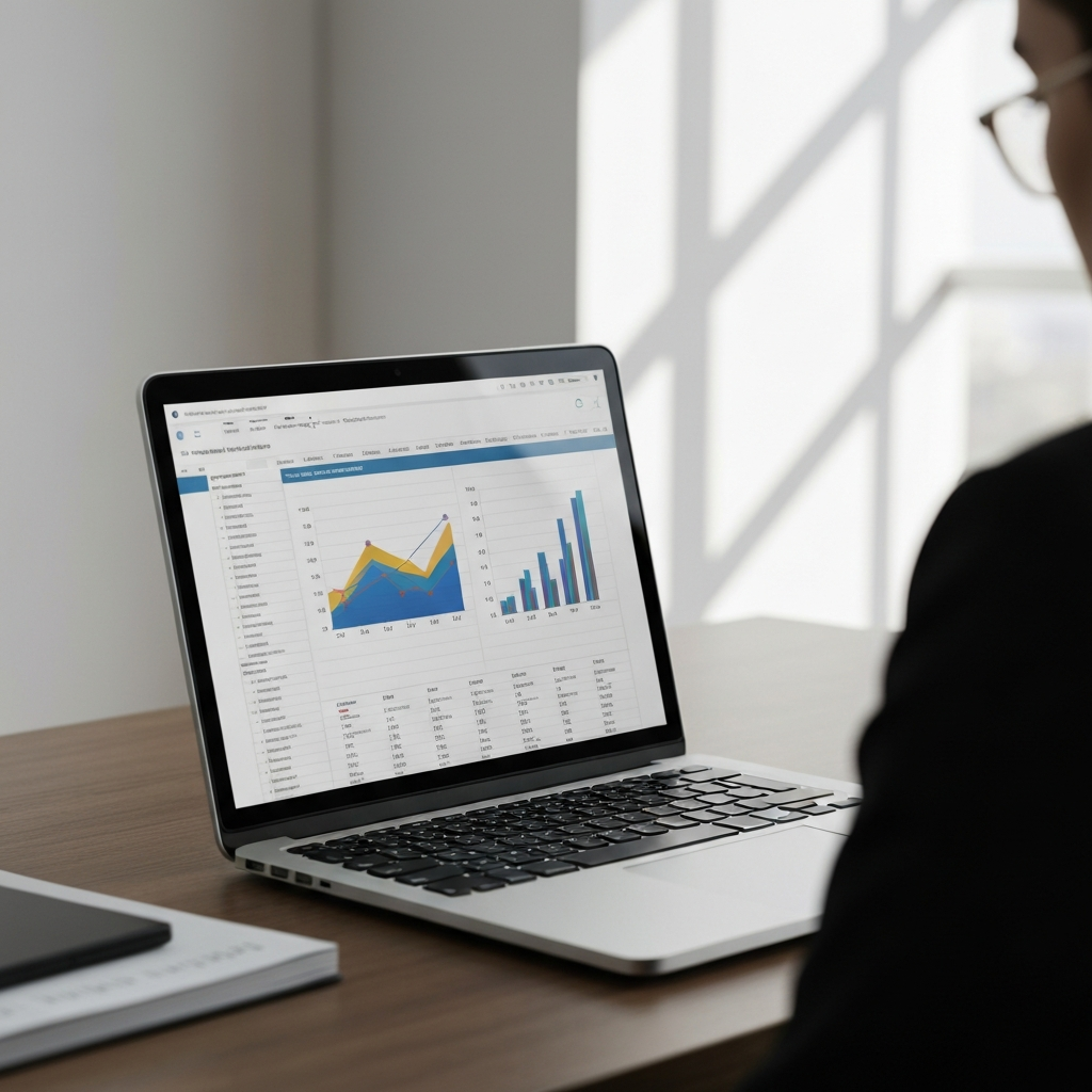 A laptop on a desk displays a detailed spreadsheet with colorful graphs showing financial projections. Natural light from a window highlights the screen.