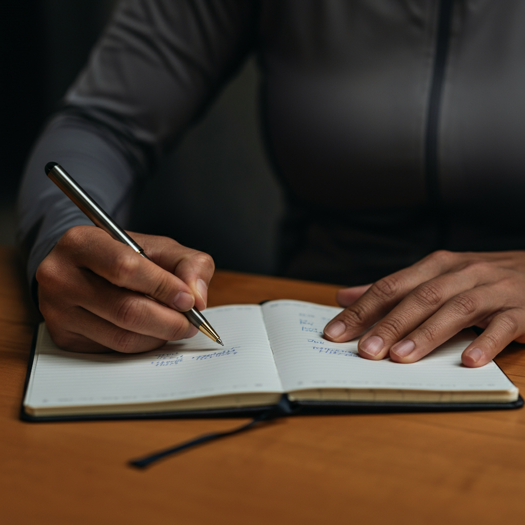 A close-up shot of a hand writing in a notebook, tracking income and expenses. The notebook sits on a clean wooden surface with a pen resting beside it.