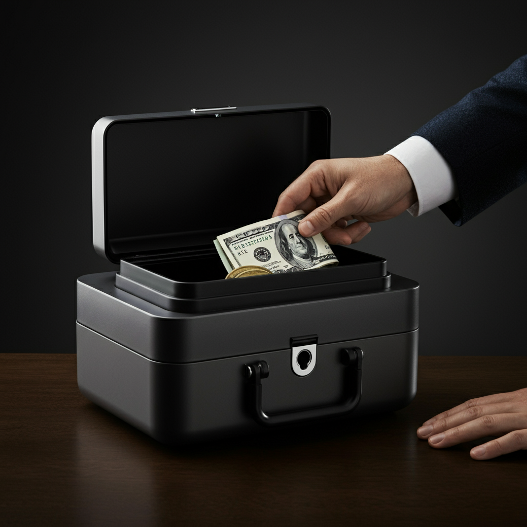 A person placing cash into a secure lockbox. The lockbox is sitting on a table in a professional office setting, soft lighting.
