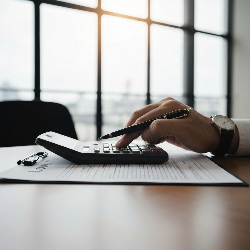 A hand using a calculator, reviewing a loan document. The scene is well-lit and focused on the details of the document.