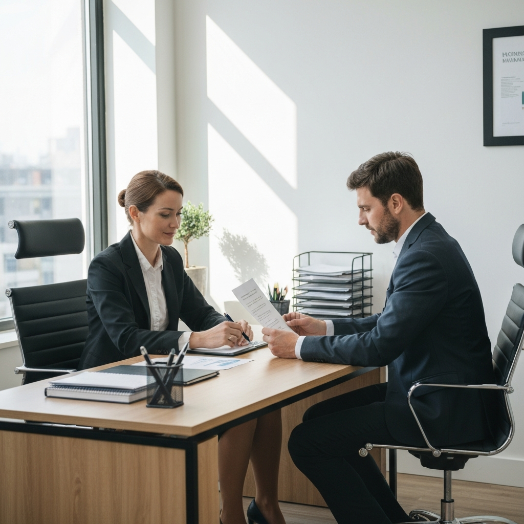 A business owner sitting across from an insurance agent at a desk. They are reviewing documents and discussing insurance options. Natural light floods the office.