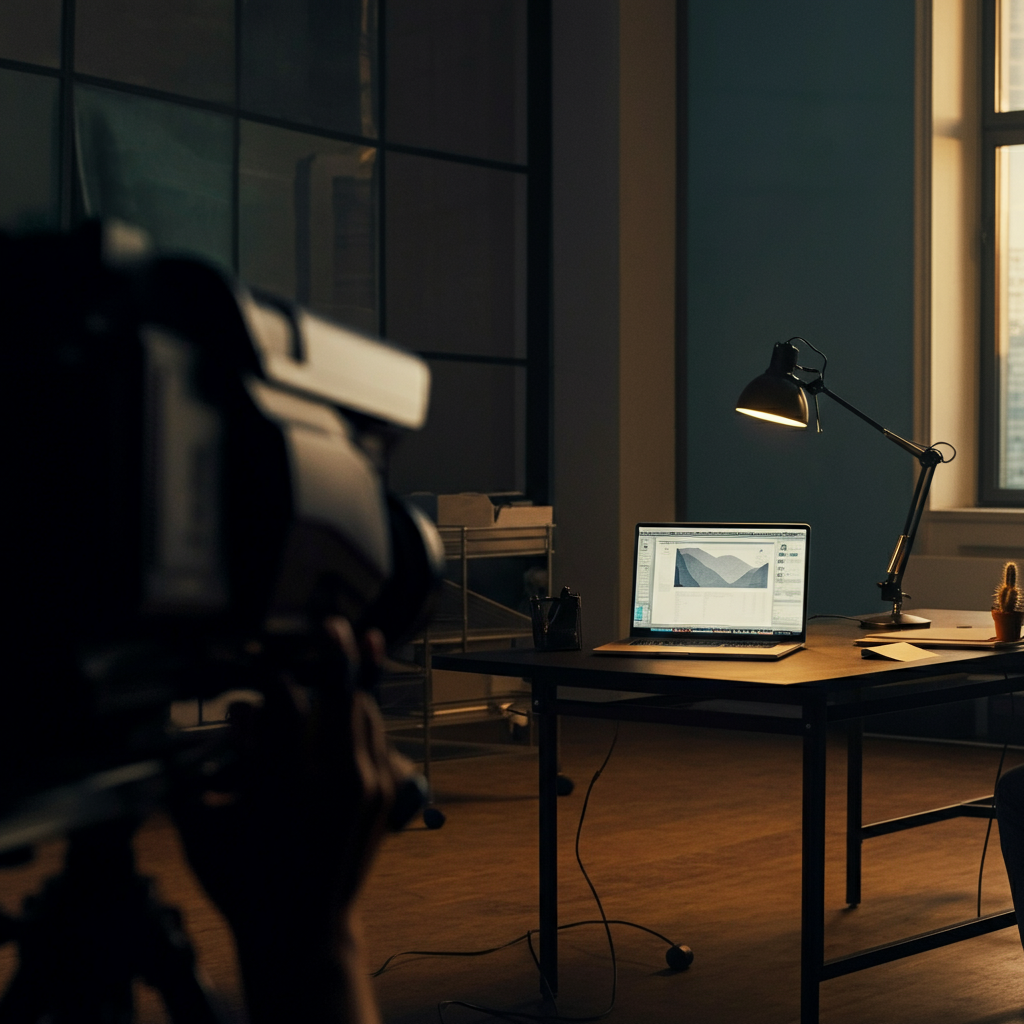 An office setting with a security camera subtly visible in the corner. The camera is focused on the workspace, suggesting oversight and security.