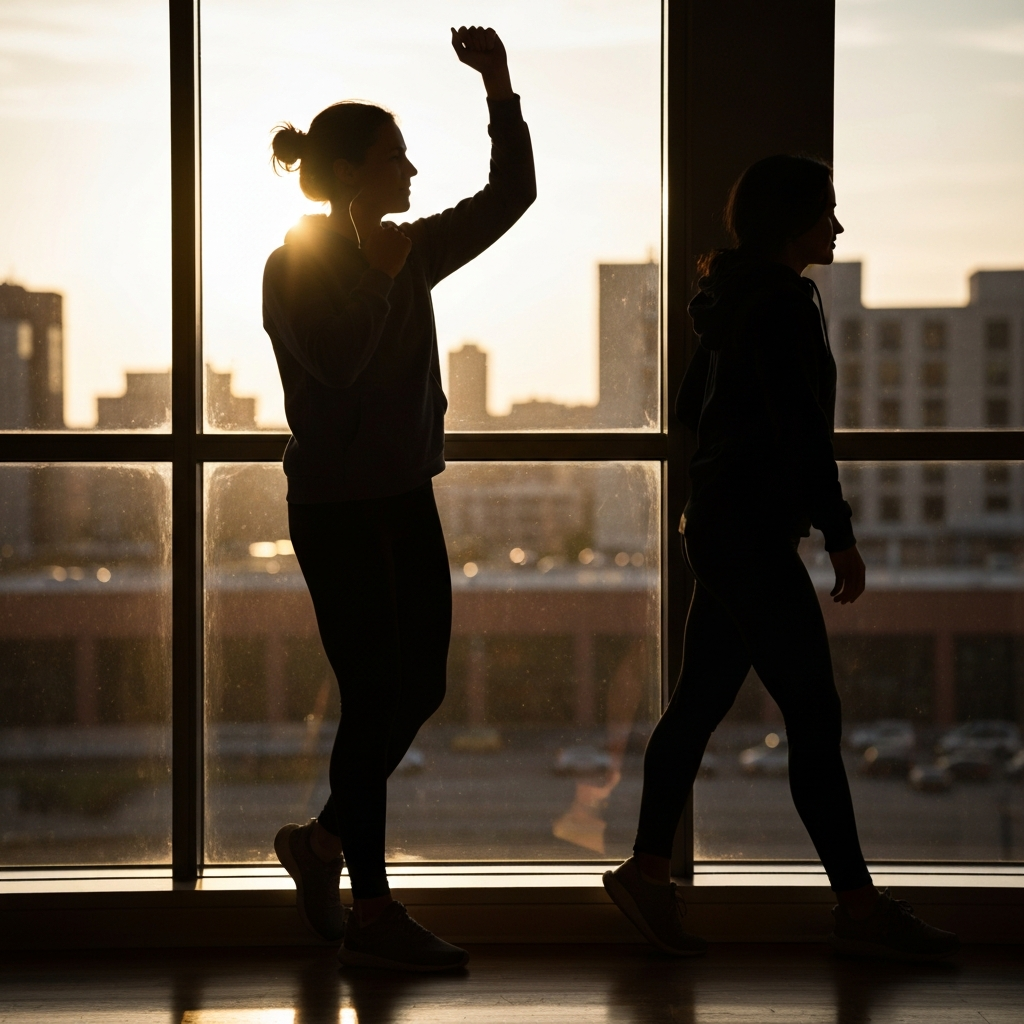 A person standing near a large window, bathed in warm, golden morning sunlight. The person is wearing comfortable clothing and appears relaxed and energized. The background features a blurred cityscape with soft bokeh.