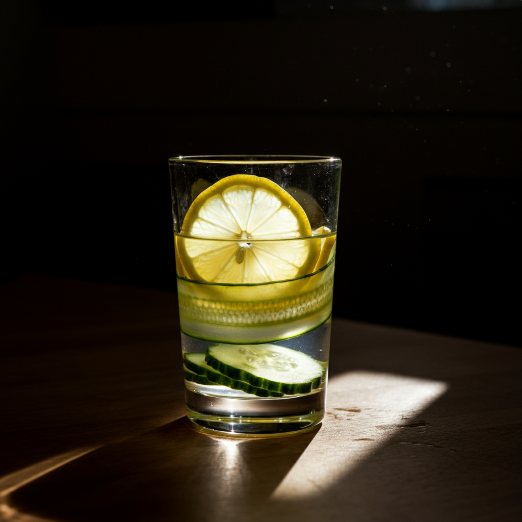 A close-up shot of a glass of water with sliced lemon and cucumber. The glass is sitting on a wooden table with sunlight streaming through a window, creating a sparkling effect. The scene evokes a sense of refreshment and healthy hydration.