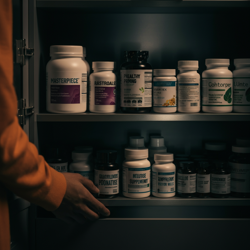 A well-organized supplement cabinet with various bottles and containers neatly arranged. The bottles are labeled clearly, and the lighting is soft and diffused. The scene conveys a sense of health and wellness.