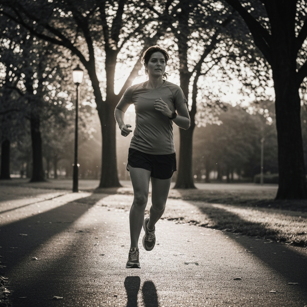 A person jogging in a park during golden hour. The sunlight filters through the trees, creating dappled shadows on the path. The person is wearing athletic clothing and appears to be enjoying their workout. The overall scene is peaceful and invigorating.