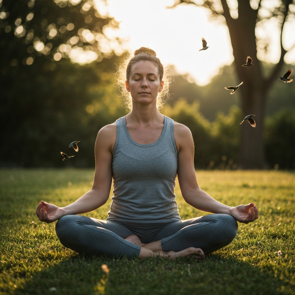A person sitting in a comfortable position, meditating in a serene outdoor setting. The person is surrounded by lush greenery and the sound of birds chirping. The lighting is soft and natural, creating a sense of tranquility and peace.