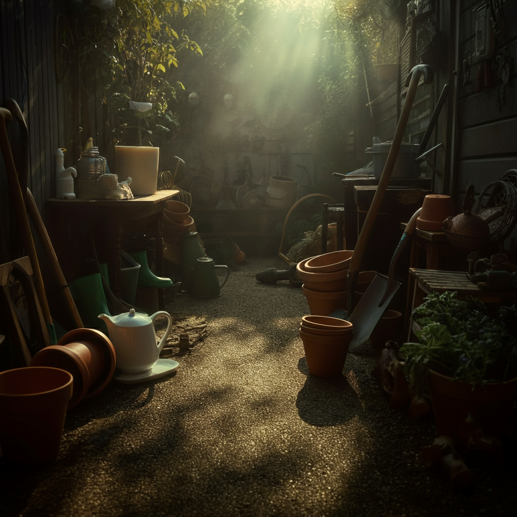 Wide angle shot of a cluttered garden with various tools, pots, and equipment scattered around. Soft, diffused morning light with long shadows creating depth.