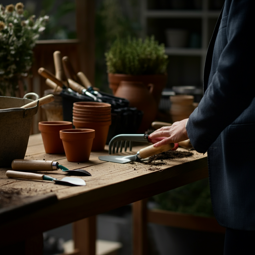 Close up on a gardener's hands sorting through a pile of gardening tools on a wooden potting bench. Natural side lighting accentuates the textures of the tools and the wood.
