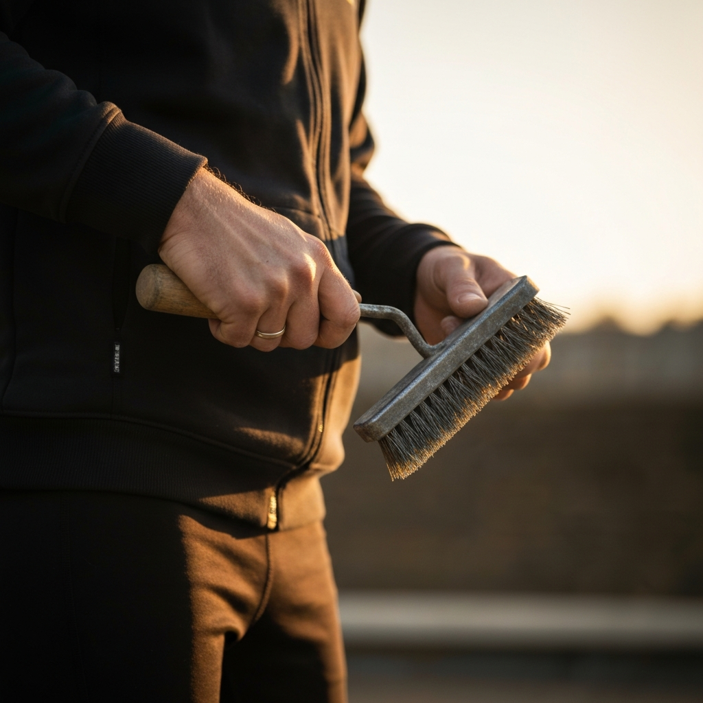 Medium shot of a person cleaning a trowel with a wire brush. The background is blurred to focus on the trowel and the person's hands. Golden hour lighting highlights the metal texture.