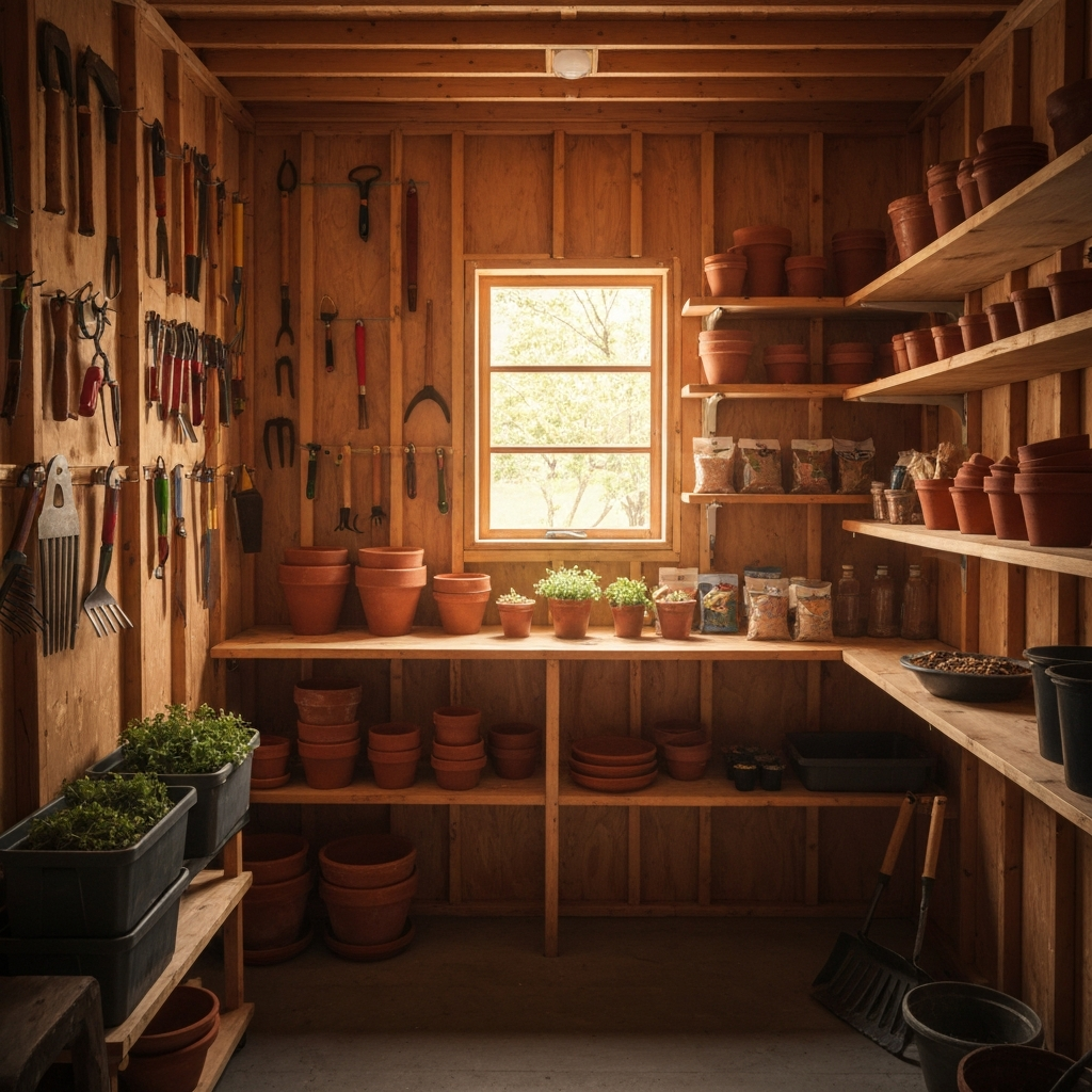 Interior of a well-organized garden shed with various tools hanging on the walls and shelves neatly arranged with pots, seeds, and gardening supplies. Warm, inviting light filters in through a window.