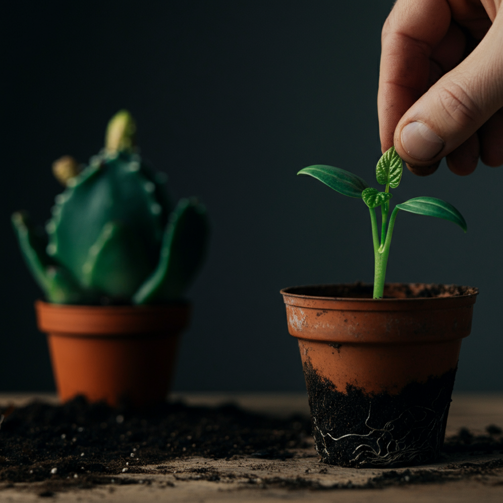 Close up of a person's hand placing a new plant seedling into a pot, with an older, slightly overgrown plant visible in the background, partially blurred. Soft bokeh creates a sense of depth.