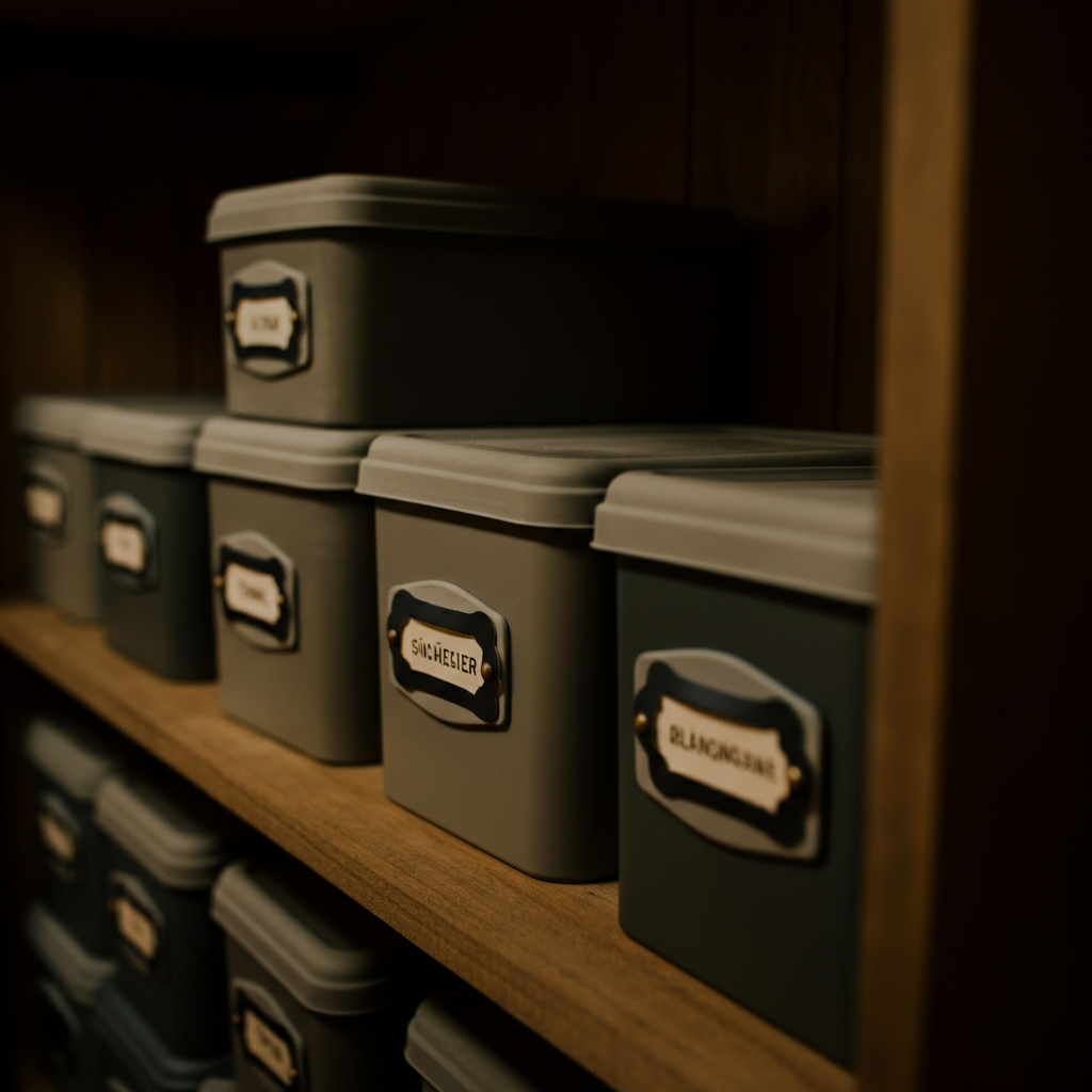Medium shot of various labeled storage containers on a shelf in a garden shed. The labels are clear and easy to read. Soft, natural light illuminates the scene.