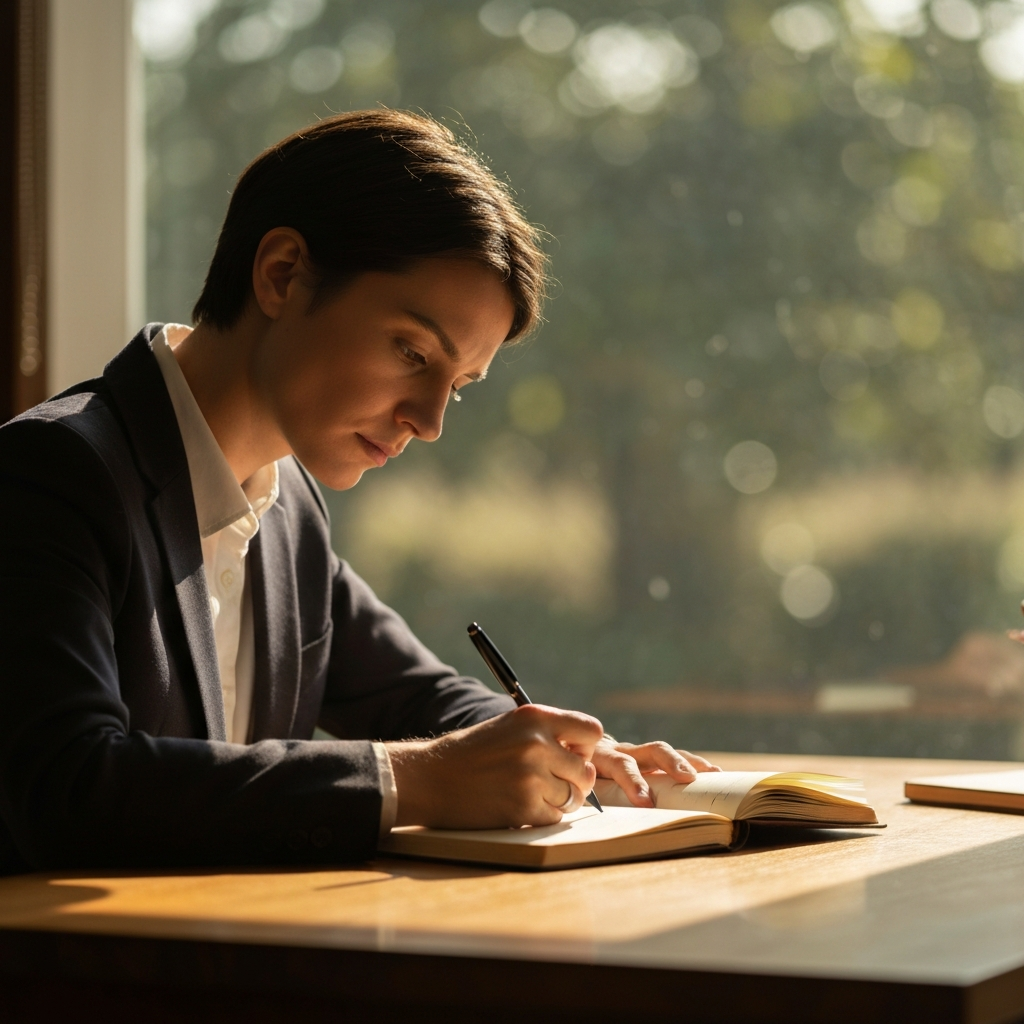 A person sitting at a wooden desk, bathed in warm, diffused sunlight from a nearby window, meticulously writing in a leather-bound journal. Soft bokeh in the background showing blurred greenery.
