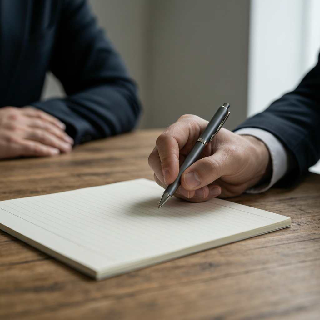 A close-up of a hand holding a pen above a lined notepad. The notepad rests on a rustic wooden table with visible grain texture. The lighting is soft and natural, highlighting the paper's texture.
