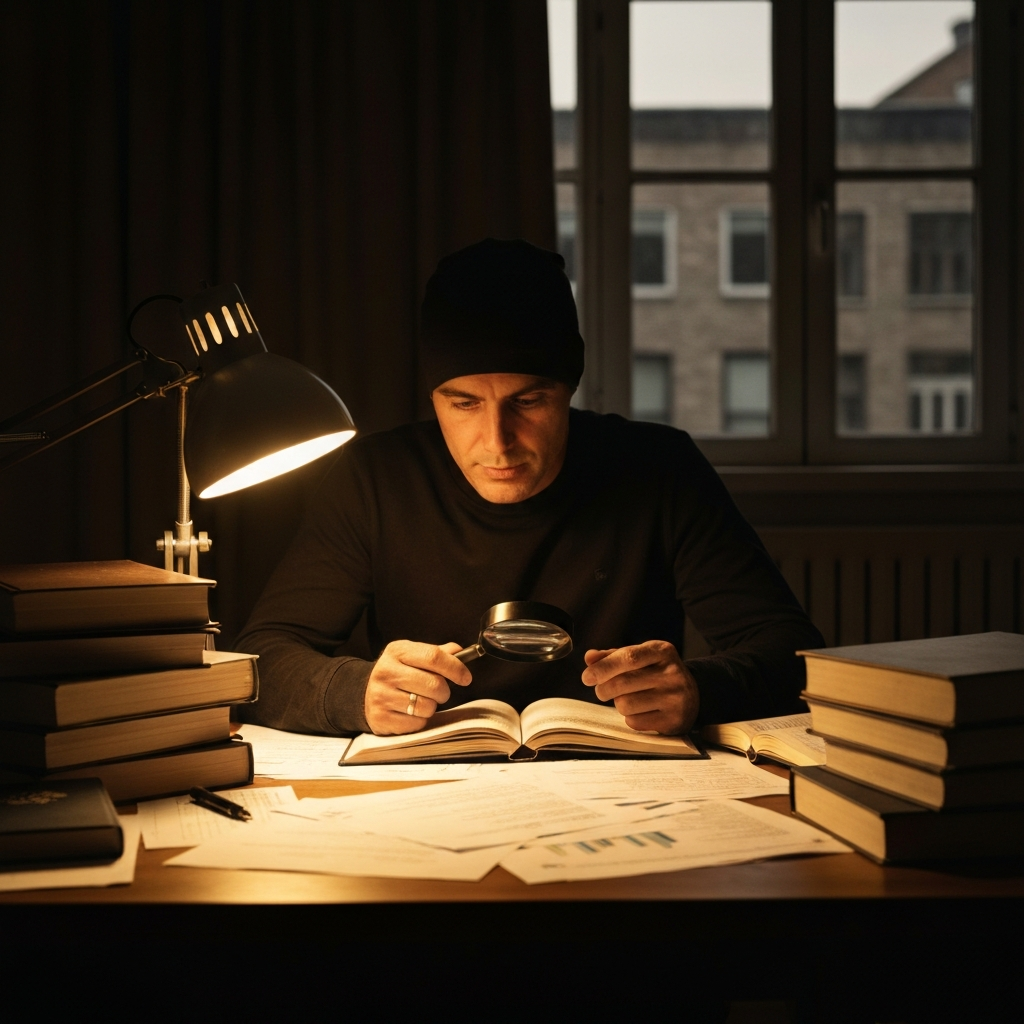 A person sitting at a desk, surrounded by books and papers, carefully reviewing documents with a magnifying glass. The desk lamp casts a warm glow, highlighting the textures of the books and papers.