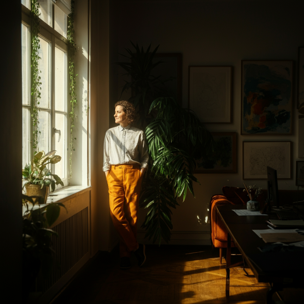 A person standing confidently in a sunlit office, looking out of a large window, with a determined yet peaceful expression. The room is decorated with plants and artwork, suggesting a calm and productive environment.