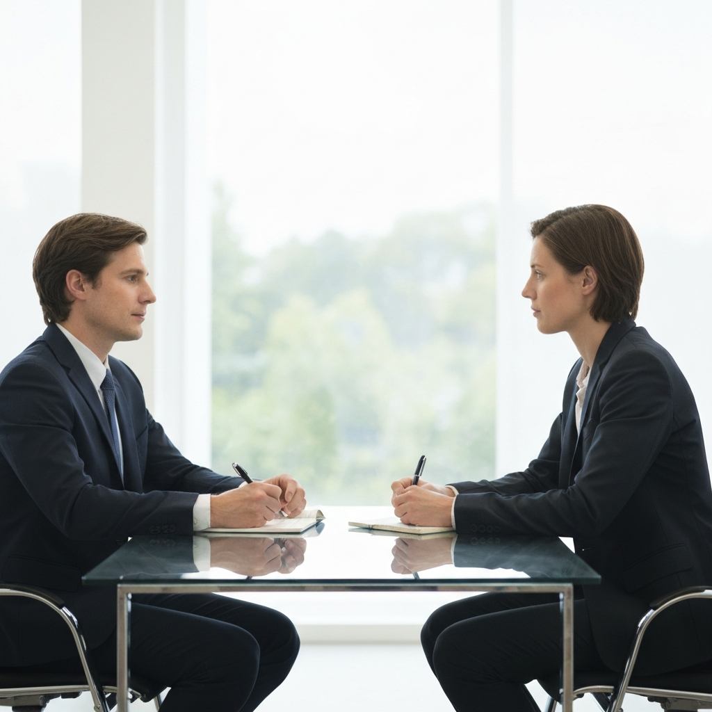 A brightly lit, modern office setting. Two professionals sit across from each other at a glass table. One is taking notes while actively listening to the other. Soft bokeh blurs the background, creating a sense of focus on the interaction. Both are professionally dressed and conveying attentiveness.