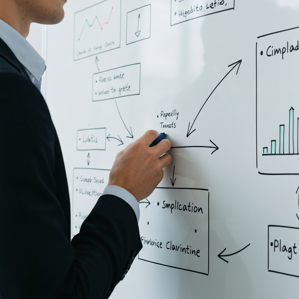 A close-up shot of a whiteboard filled with colorful diagrams and bullet points. The lighting is even and highlights the textures of the board and markers. Hand-drawn arrows connect different ideas, suggesting a process of simplification and clarification.