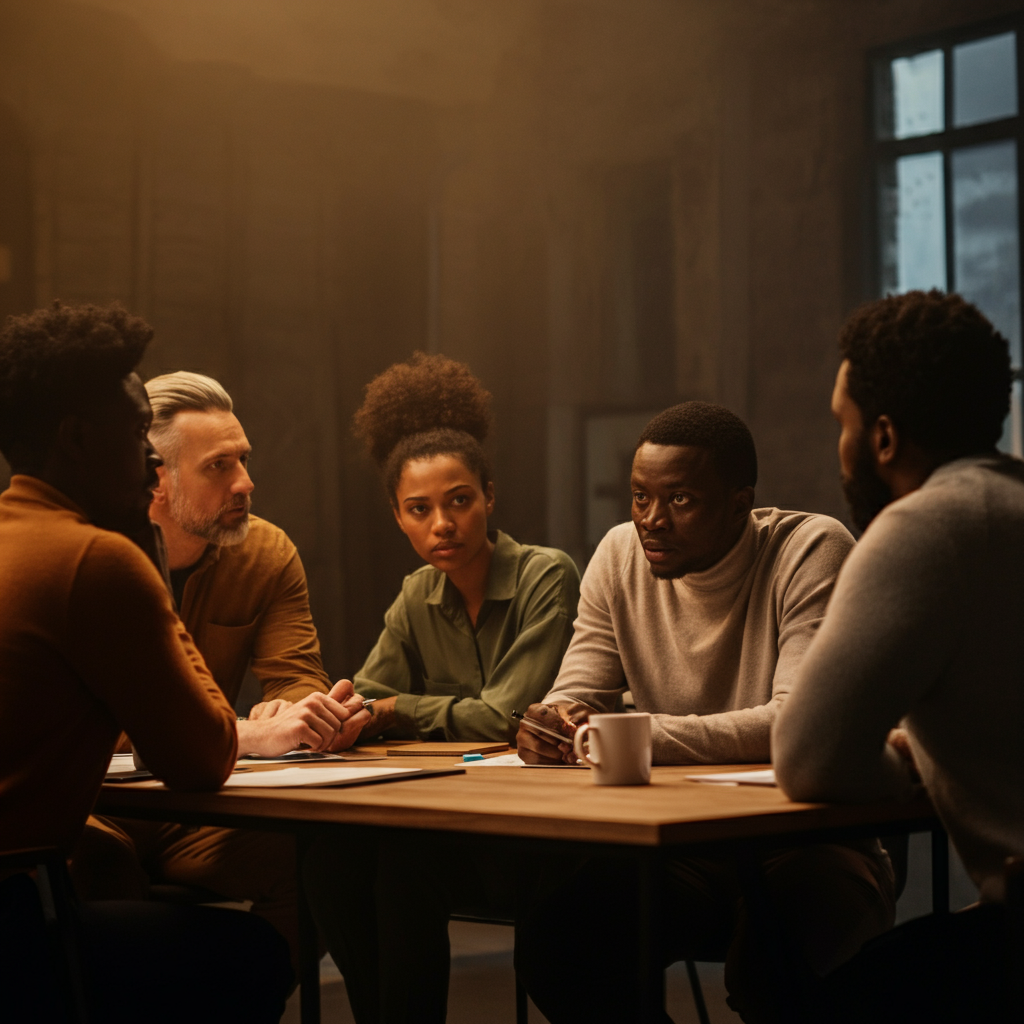 A small group of diverse professionals engaged in a collaborative brainstorming session. The room is softly lit, highlighting the faces of the participants as they listen intently to one another. Body language is open and receptive, creating a sense of trust and understanding. Textures of the wooden table and fabric chairs are subtly visible.