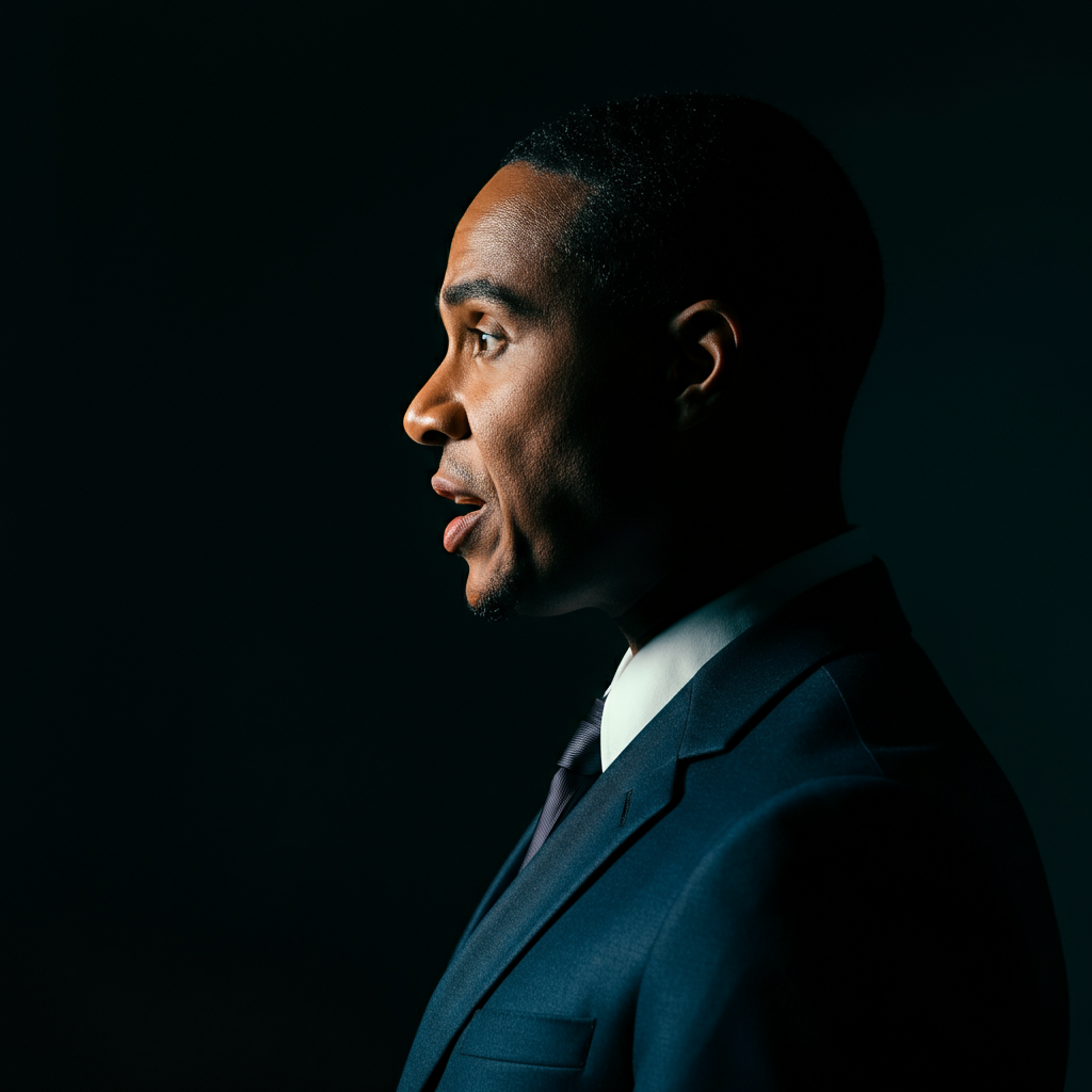 A side-lit portrait of a confident professional giving a presentation. The focus is on their expressive face and poised posture. Soft shadows accentuate the texture of their clothing and skin, creating a sense of depth and professionalism. The background is slightly blurred to maintain focus on the subject.