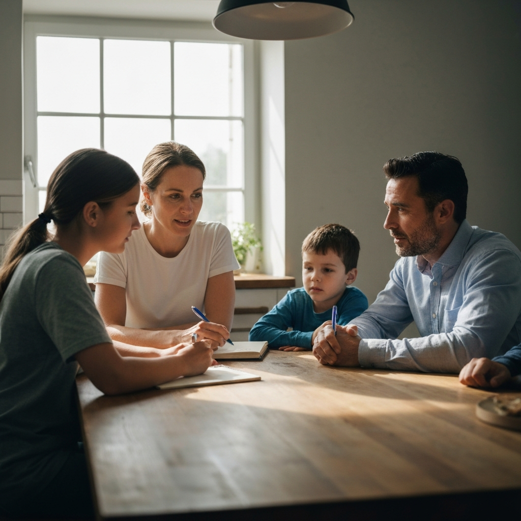 A sun-drenched kitchen table. A diverse family (mother, father, teenage daughter, young son) are engaged in a focused conversation. The mother is holding a notepad and pen. The room is bathed in soft, diffused daylight, highlighting the texture of the wooden table.