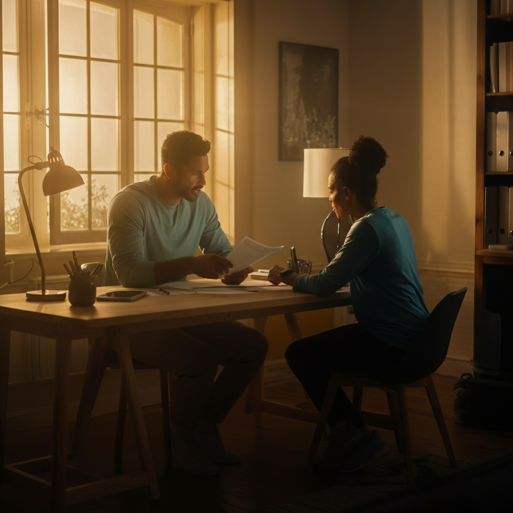 A brightly lit home office. A couple is sitting at a desk, reviewing a list of bullet points. The room is organized and tidy, with natural light streaming through the window.