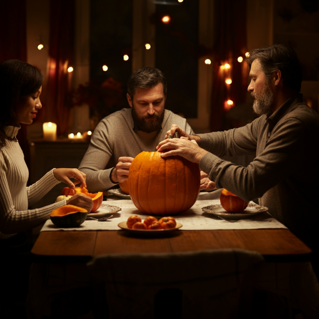 A family gathered around a warmly lit dining table, carving pumpkins. Soft bokeh in the background shows a decorated living room. The golden hour light filters through the window, creating a nostalgic atmosphere.