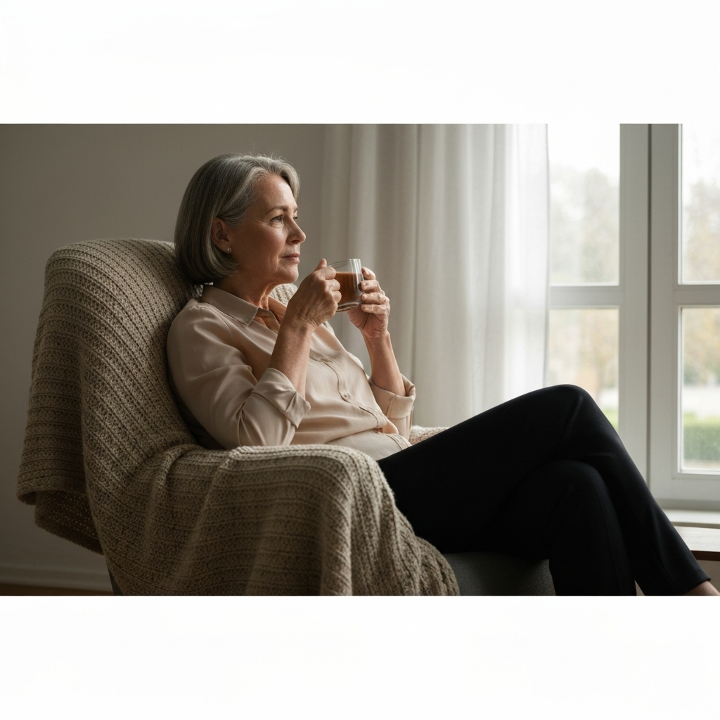 A mature woman sits in a comfortable armchair, sipping tea and looking thoughtfully out a window. The scene is bathed in soft, natural light, highlighting the texture of the knitted blanket draped over the chair.