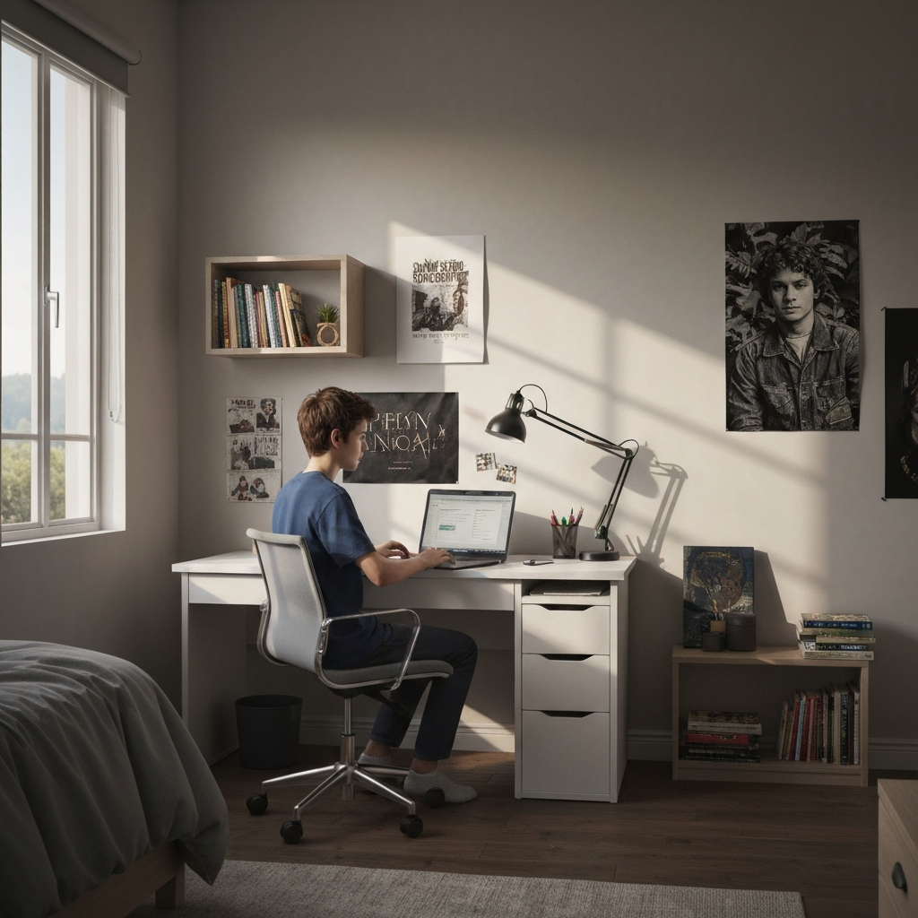 A teenager is sitting at a desk in their bedroom, working on a laptop. The room is tidy and personalized with posters and books. Natural light streams through the window, illuminating the workspace.
