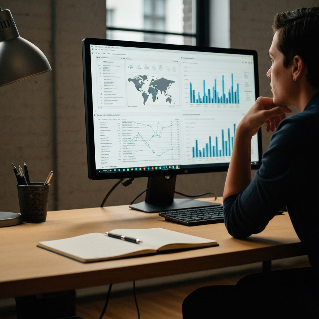 A brightly lit co-working space. A person sits at a desk, backlit by a large monitor displaying market research data. The desk also has a notebook and pen. Focus on the screen's data visualizations and the individual's thoughtful expression.