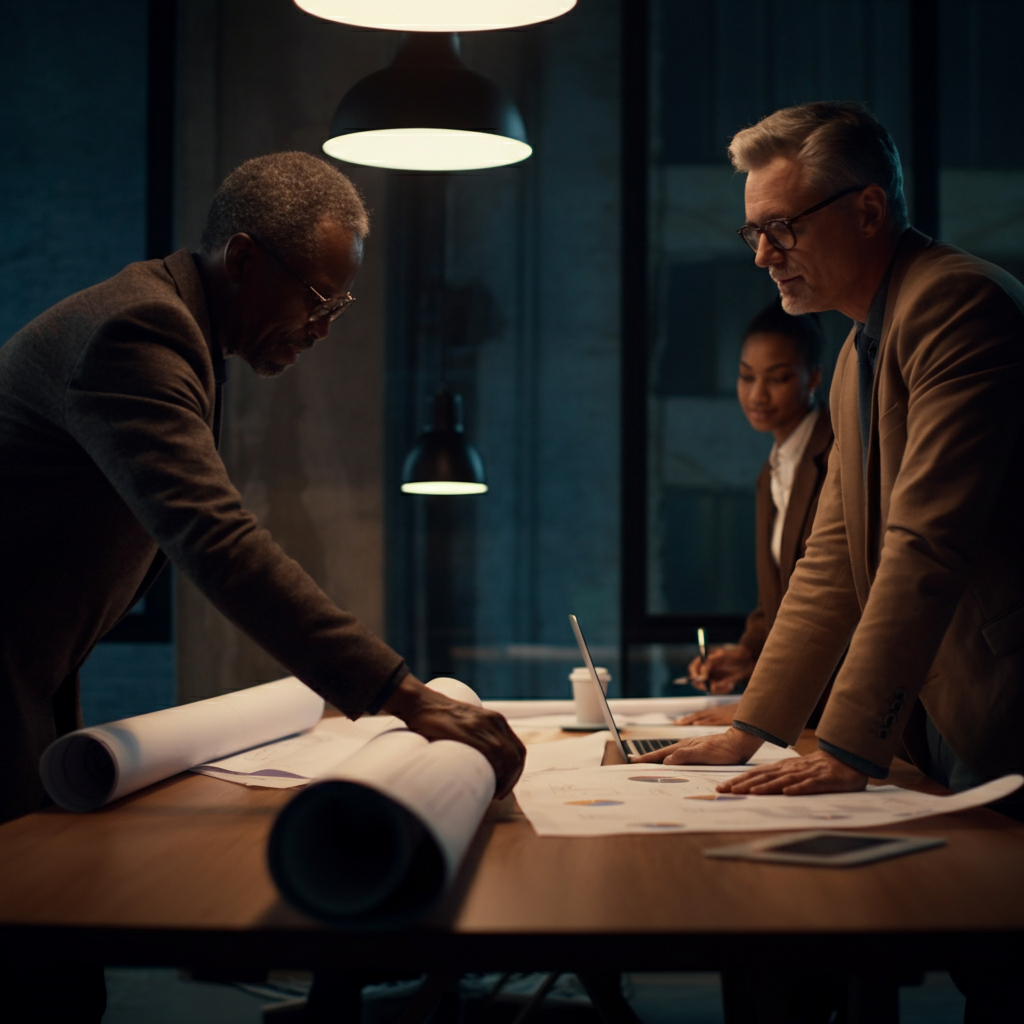 A modern office setting. People are working collaboratively at a large table, reviewing project plans. The scene is well-lit and professional, showcasing a team-oriented environment.