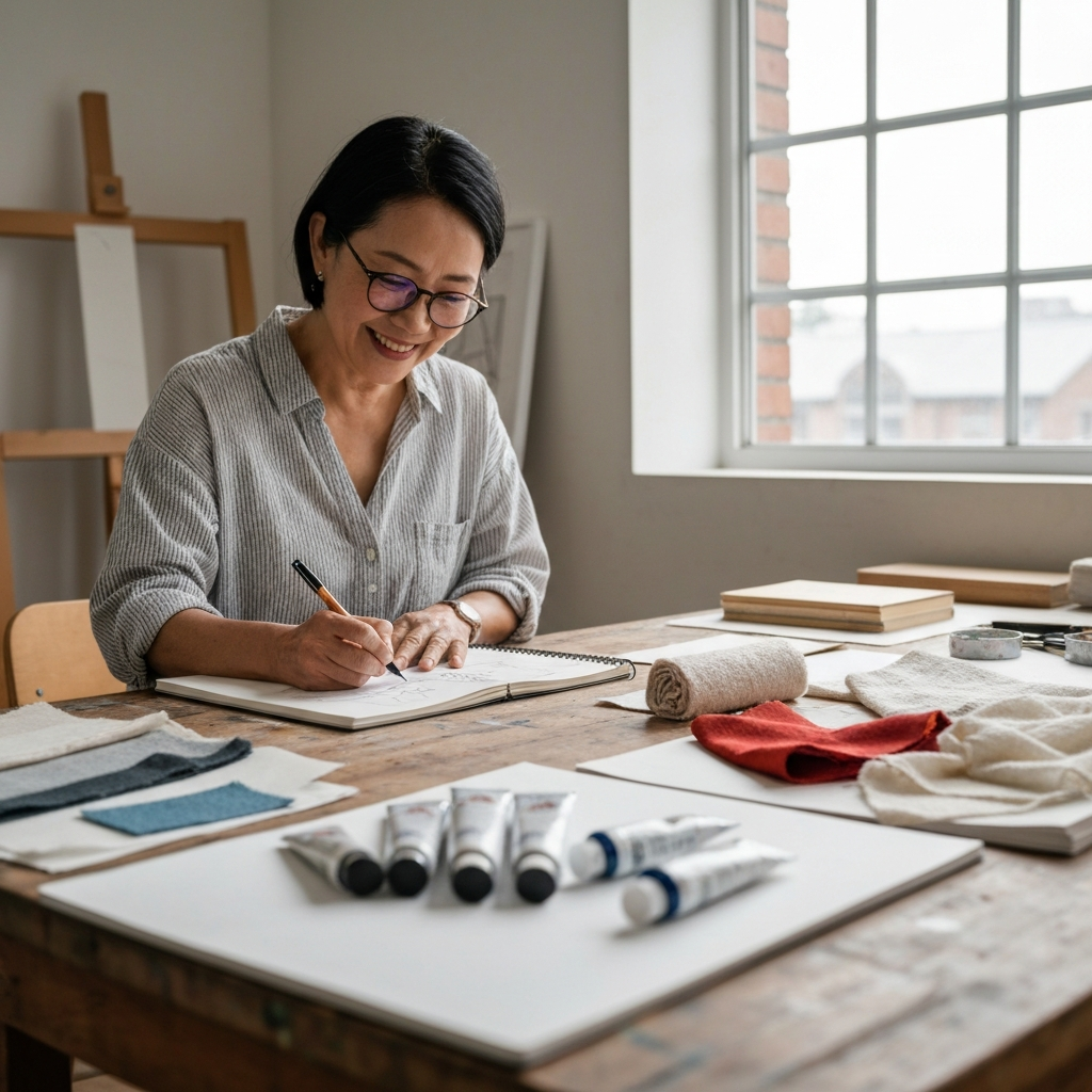 An artist's studio. A person is sketching design ideas in a notebook. Swatches of fabric and color palettes are spread across a table. Natural light filters through a large window.