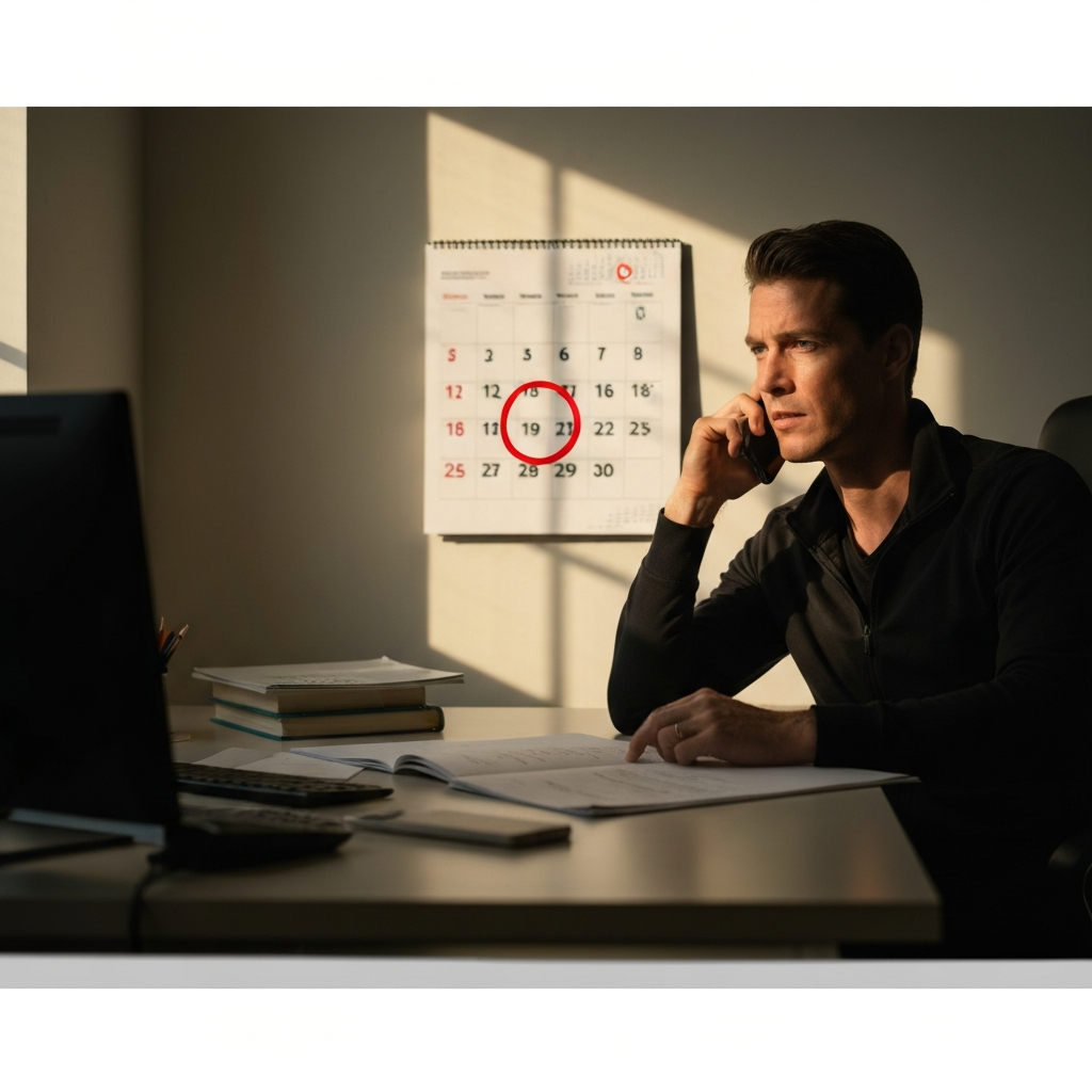 A person sitting at a desk, on the phone, looking pensive. A calendar on the wall shows a date circled in red. Soft, natural light illuminates the scene.