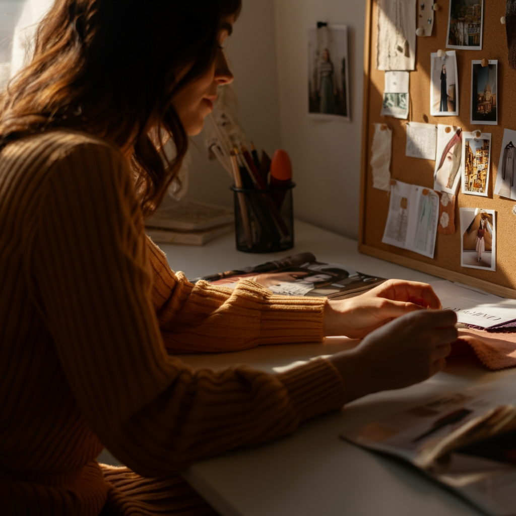 A woman sits at a desk in a sun-drenched office. She is surrounded by fashion magazines, fabric swatches, and a corkboard covered in images. Soft, diffused sunlight streams through the window, highlighting the textures of the materials. Close up shot with soft bokeh effect in the background, and golden hour lighting.
