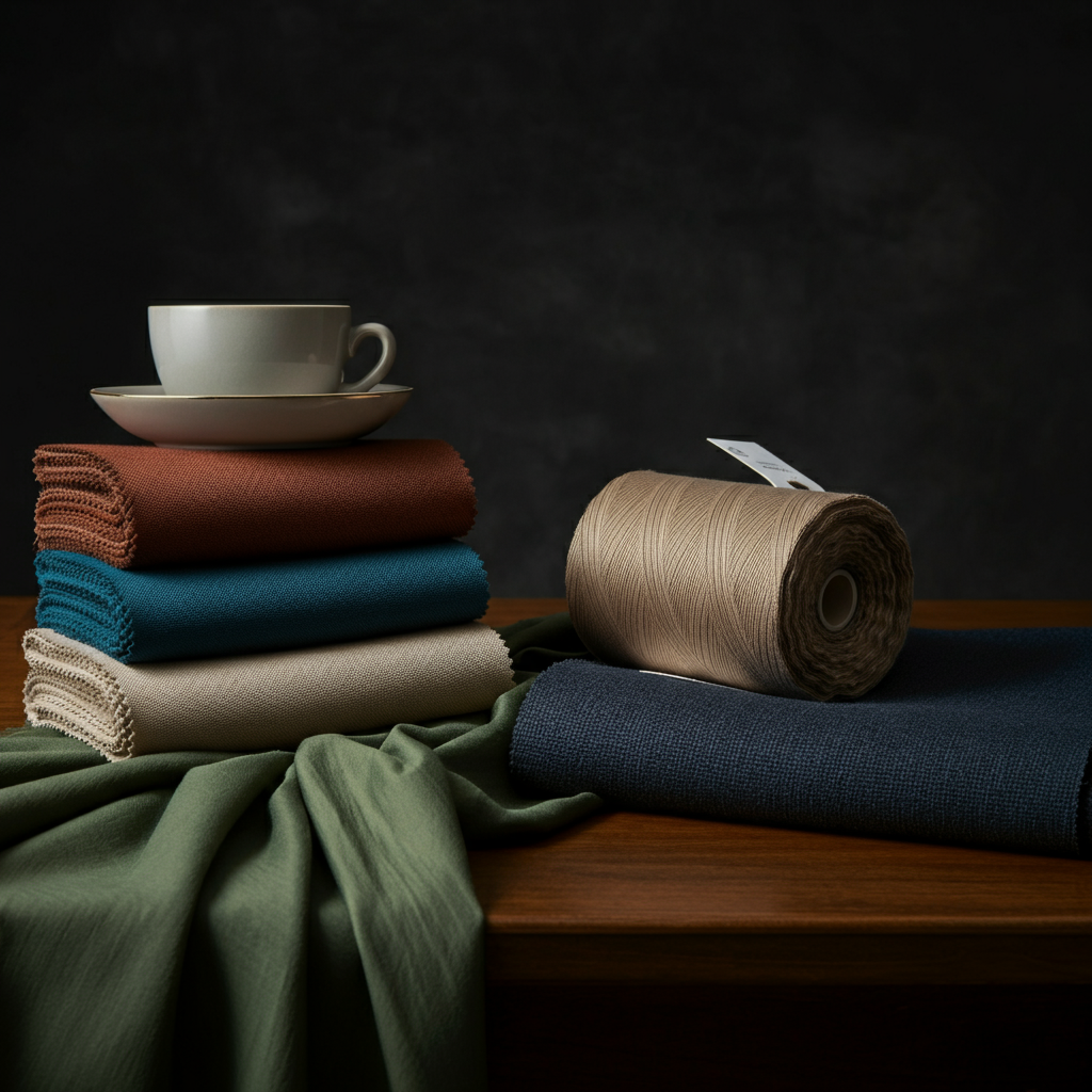 A collection of fabric swatches in various colors, arranged artfully on a table. The lighting is natural and soft, highlighting the different textures and hues of the fabrics. The color palette is harmonious and visually appealing.