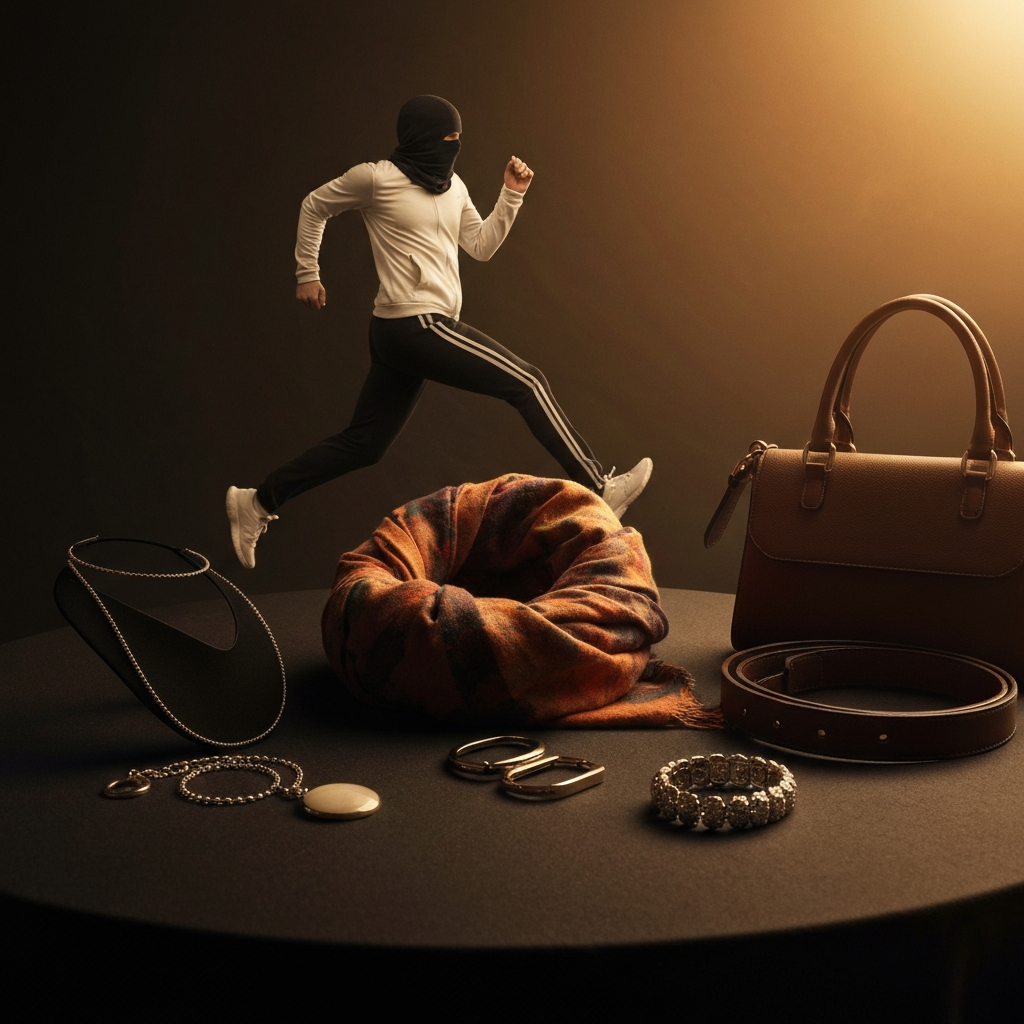 A close-up shot of a collection of stylish accessories, including jewelry, a scarf, a belt, and a handbag. The lighting is warm and inviting, highlighting the details and textures of the accessories.