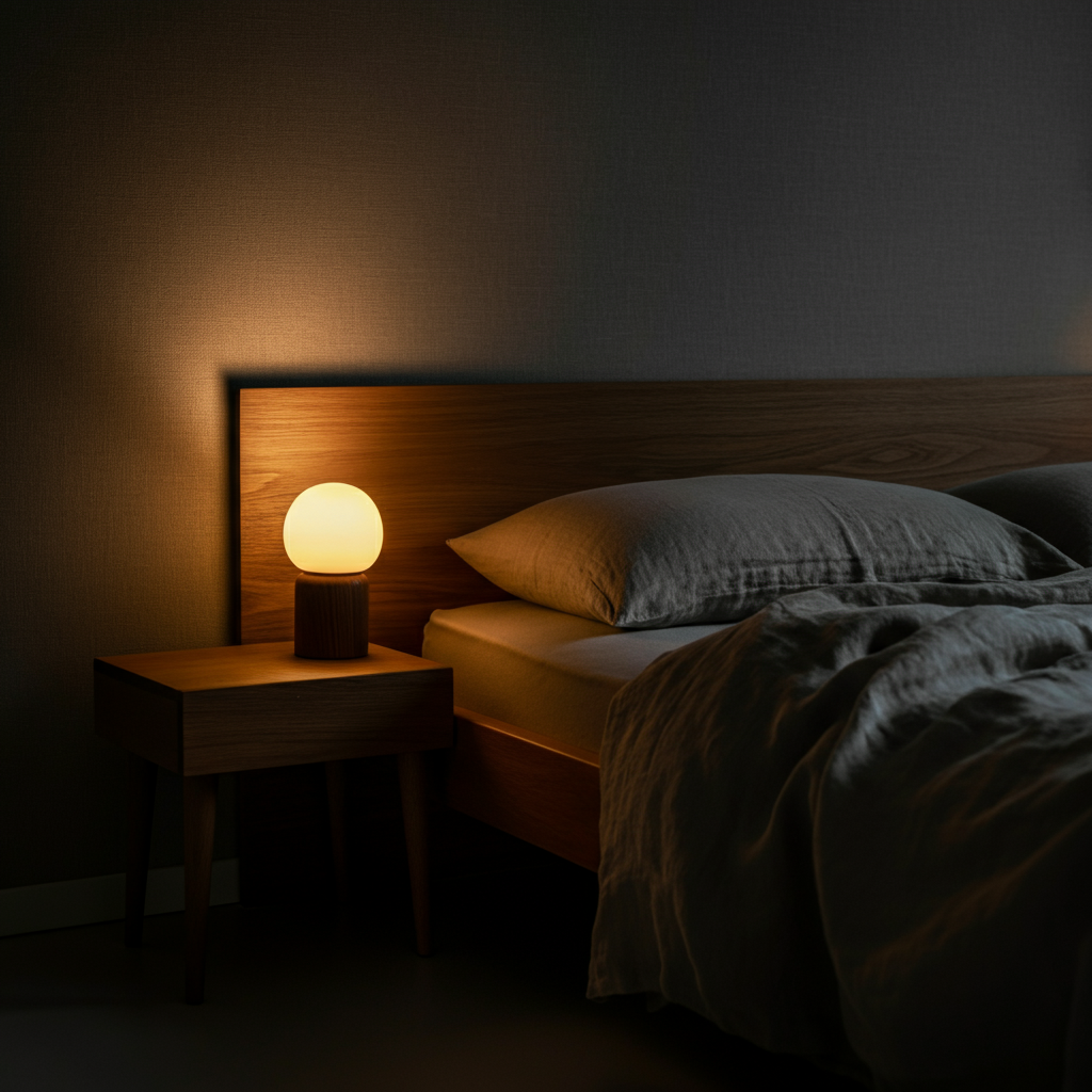 A dimly lit bedroom with a comfortable bed. Soft, natural textures are visible - a linen duvet, a wooden bedside table, a small lamp with a warm glow. The scene is peaceful and inviting, emphasizing the importance of a restful environment.