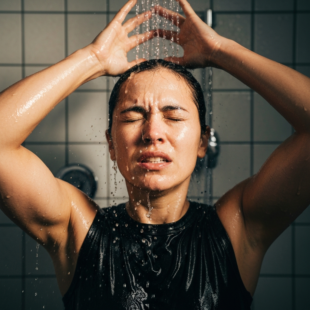 A person standing under a cold shower, eyes closed, face showing a mix of discomfort and determination. The water is visibly splashing, and the shower tiles have a clean, modern look. The lighting is bright and functional.