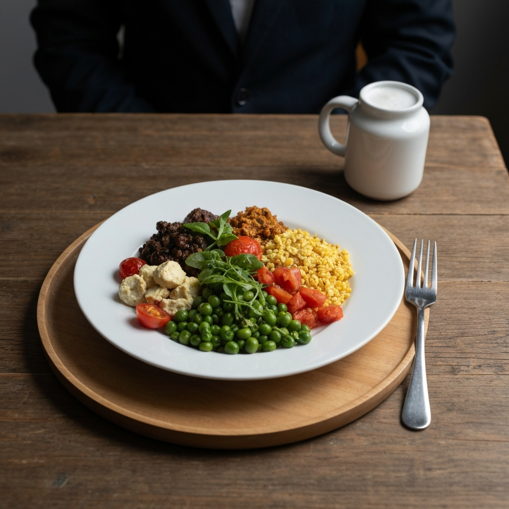 A beautifully plated, healthy meal with vibrant colors and fresh ingredients. The dish is photographed in natural light on a rustic wooden table, highlighting the appeal of nutritious food.