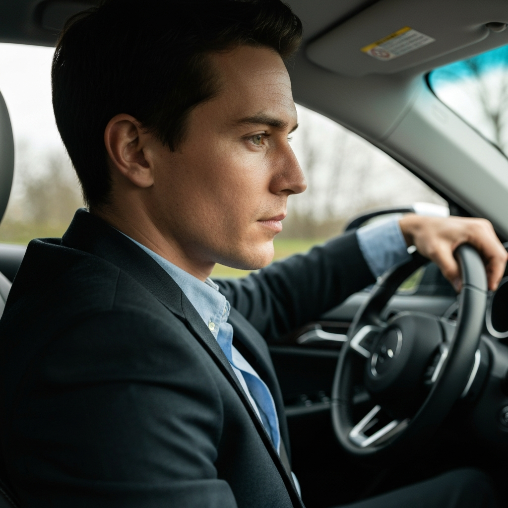 A close-up shot of a person sitting in the driver's seat of a car, focusing on their focused expression as they listen intently. Soft natural lighting, slightly diffused, highlighting the textures of the dashboard and steering wheel.