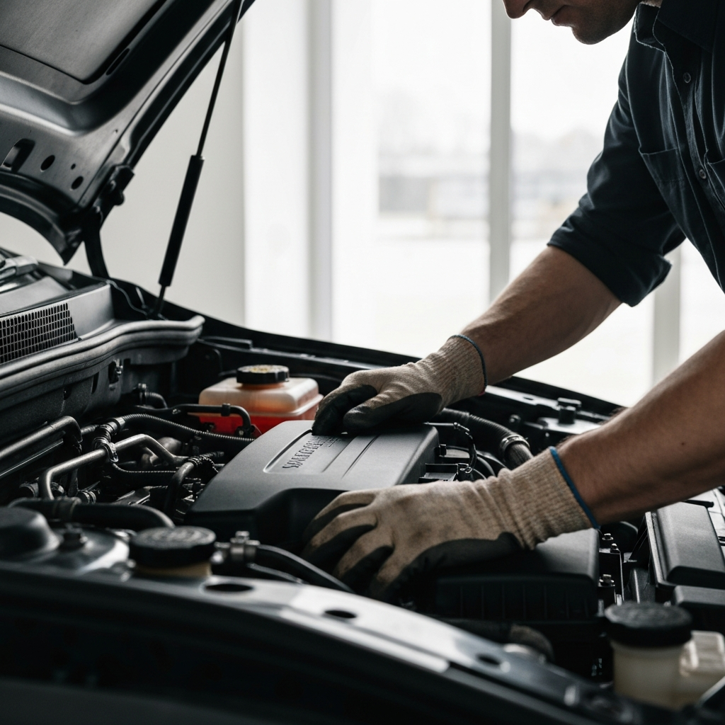 A mechanic's hands, gloved and slightly oily, carefully examining the engine bay of a car. The engine is clean and well-maintained. Soft, diffused lighting highlighting the metal components and the mechanic's focused expression.
