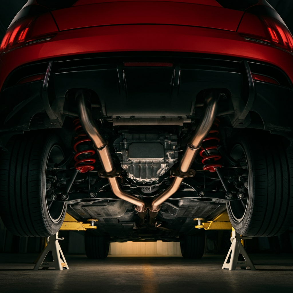 A low-angle shot of the undercarriage of a car, focusing on the suspension components. The car is safely supported by jack stands. The lighting is slightly dim but reveals the details of the suspension and exhaust systems.