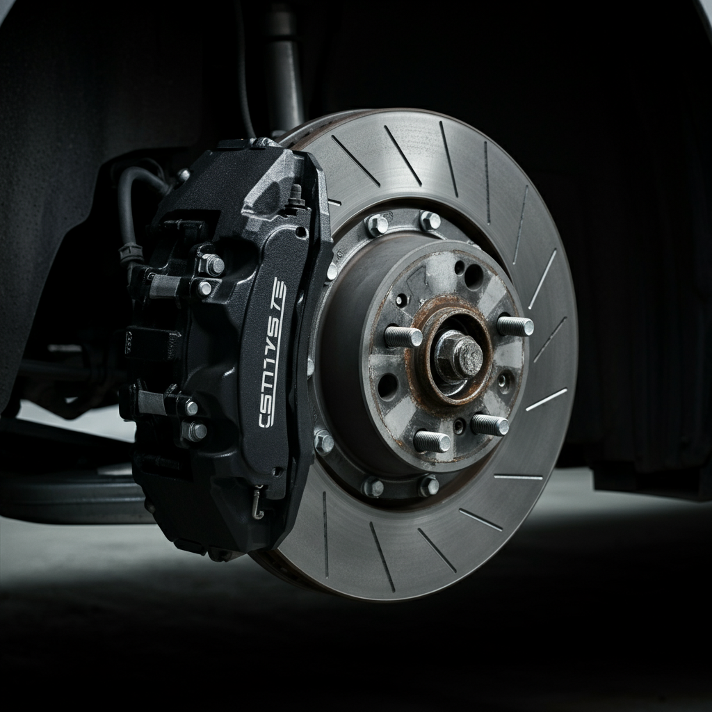 A close-up shot of a car's brake rotor and caliper, highlighting the texture of the metal and the brake pad. Soft, diffused lighting emphasizes the details of the components.