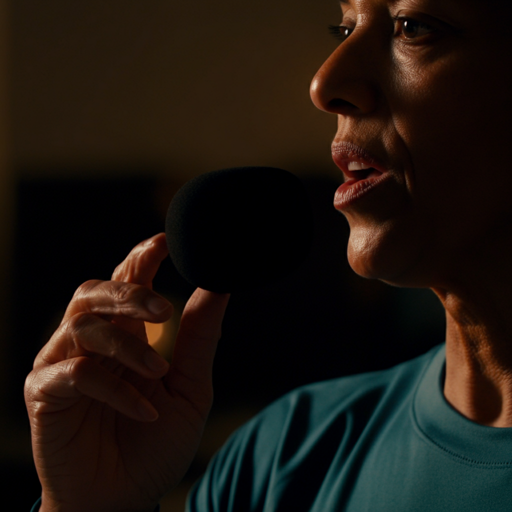 A close-up shot of a person's face as they practice speaking. The lighting is soft and even, highlighting the subtle movements of their mouth and jaw.