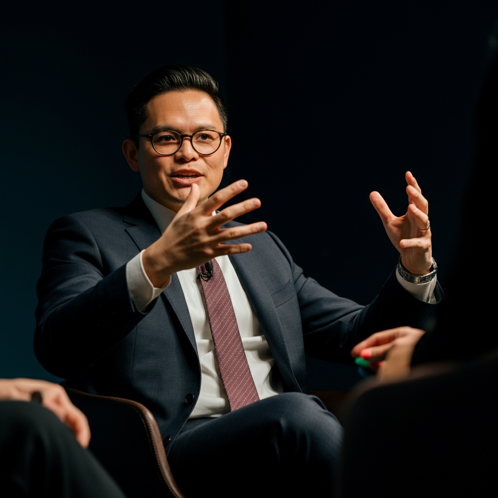 A person giving a presentation to a small group. The composition emphasizes their hands gesturing naturally as they speak, and their face displays a friendly and engaging expression.
