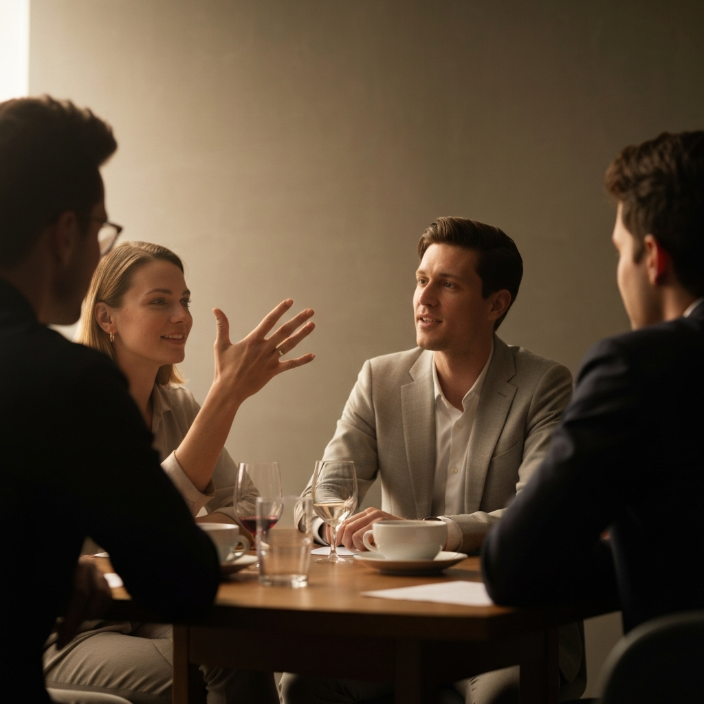 A warm-toned image of a group of people sitting around a table, engaged in conversation. The lighting is soft and creates a sense of intimacy and connection.