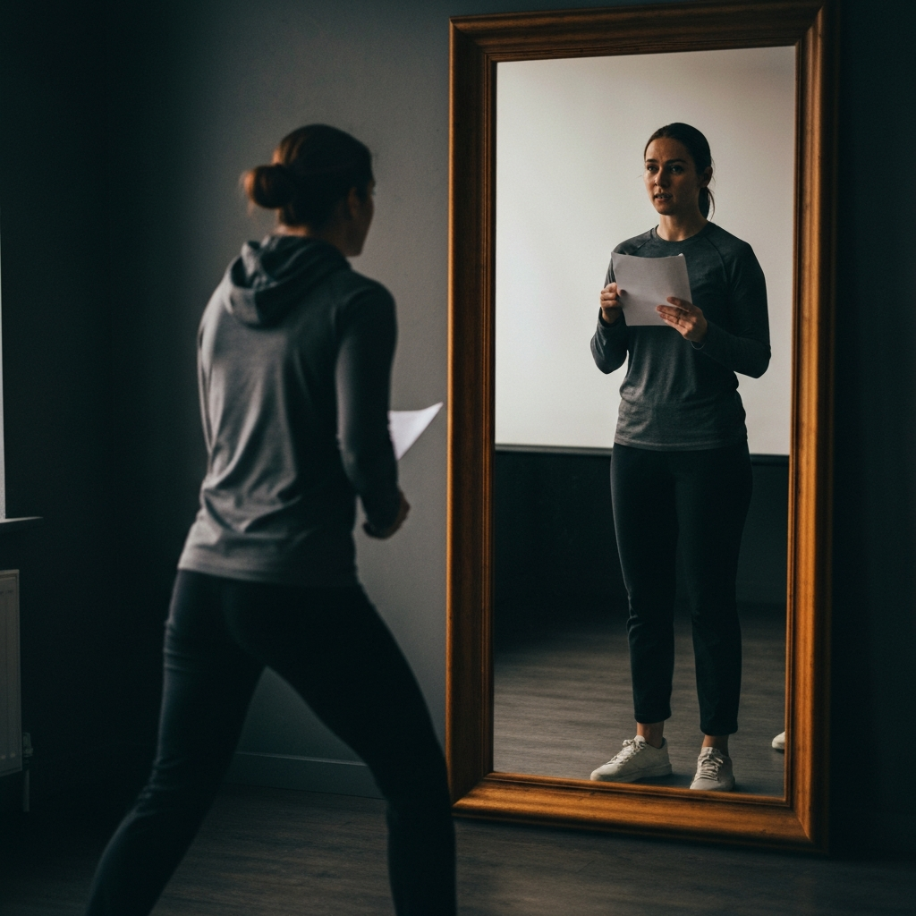 A person standing in front of a mirror, practicing a presentation. They are dressed professionally and focused on their delivery.